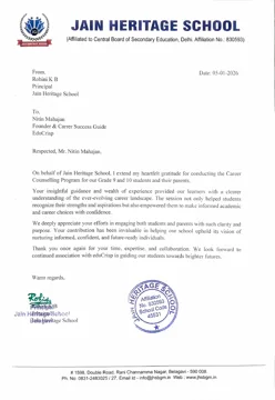Letter of appreciation from a leading school in Belagavi (opens full size)